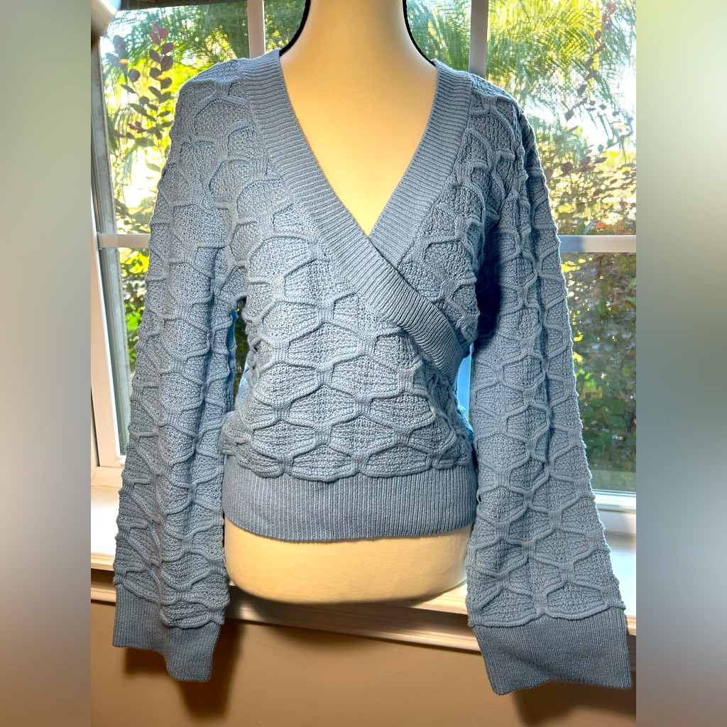 Nwtexpress Blue Faux Wrap W/ Belled Sleeves Sweater